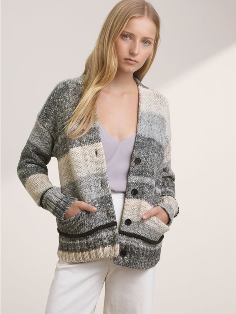 Aritzia Wilfred Free Hosk Gray & Cream Striped Cardigan - 100% Cotton, Size M